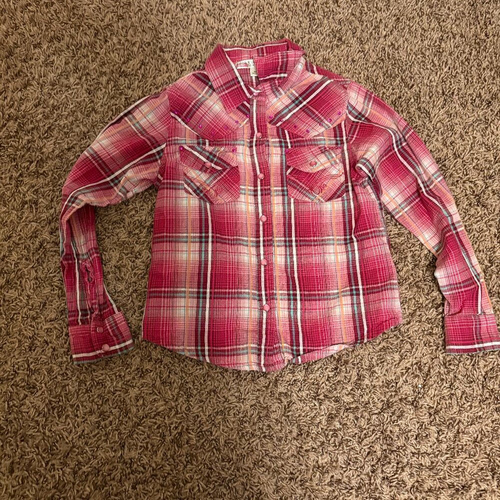 Cumberland Outfitters Pearl Snap Shirt Small Pink Plaid Long Sleeve Western